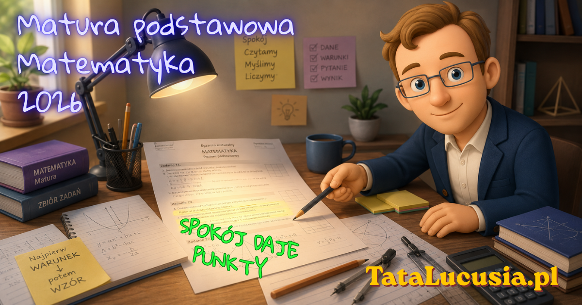 Tata Lucusia siedzi przy biurku z arkuszem maturalnym z matematyki, wskazuje ważny fragment zadania i prowadzi ucznia przez rozwiązanie krok po kroku.