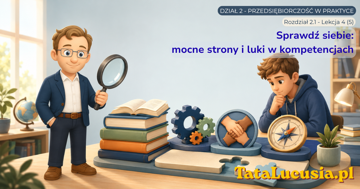 Tata Lucusia pomaga uczniowi analizować wiedzę, umiejętności i postawy oraz rozpoznawać mocne strony i luki w kompetencjach przedsiębiorczych.
